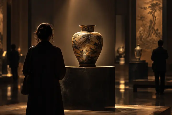 Ein Museumsobjekt auf einem dunklen Sockel, beleuchtet wie ein redaktioneller Kunstfilm mit einem ruhigen, warmen Spot.