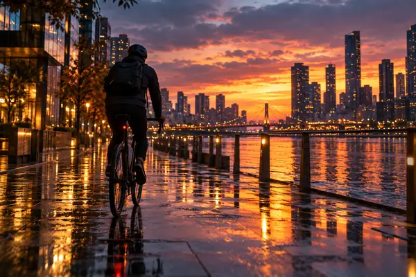 Eine Radfahrerin oder ein Radfahrer, die oder der sich bei Dämmerung durch eine reflektierende Stadtlandschaft bewegt.