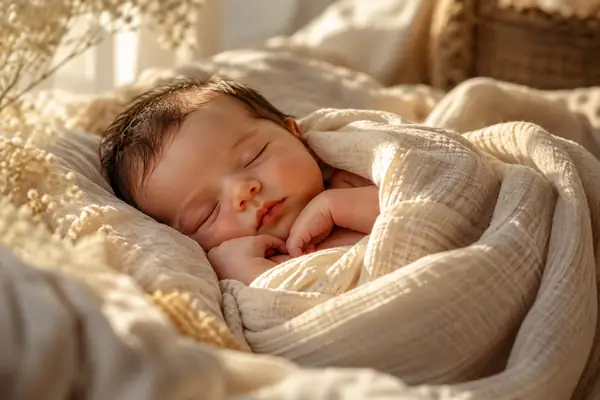Ein schlafendes Baby, eingewickelt in weichen neutralen Stoff, im warmen natürlichen Licht.