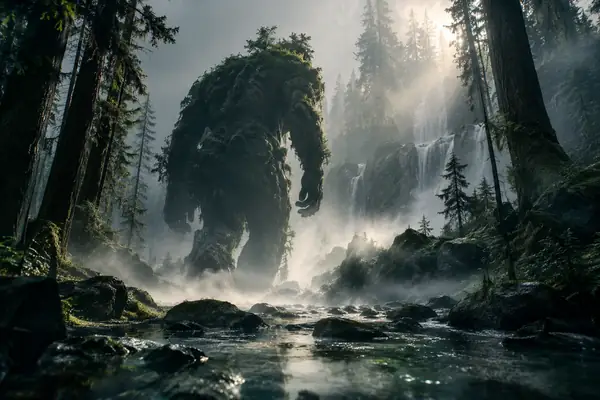 Eine mysteriöse große Gestalt, die durch einen nebligen Wald geht.