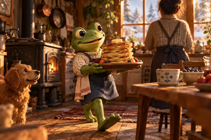 Ein verspielter Stop-Motion-Frosch aus Knetmasse, der Pfannkuchen durch eine warme, gemütliche Küche trägt.