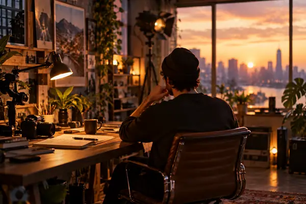 Eine kreative Person, die an einem Schreibtisch in einem warmen, atmosphärischen Studio arbeitet.