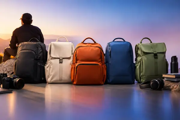 Eine Reihe farbenfroher Taschen, arrangiert als klare E-Commerce-Produktfotografie.