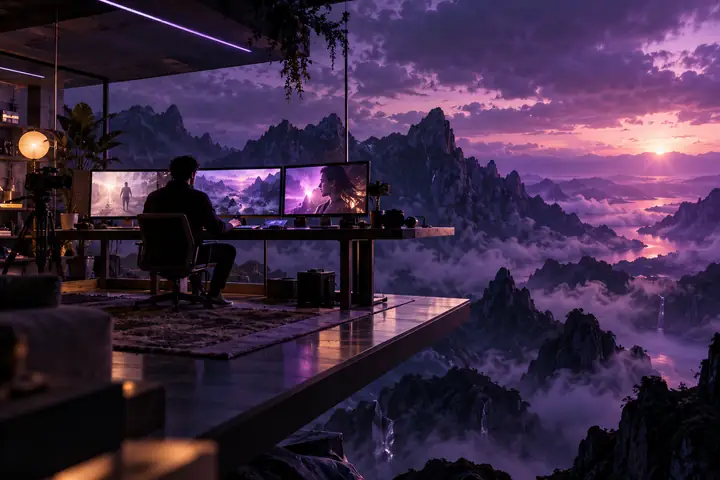 Ein filmischer kreativer Arbeitsbereich, der über einer dunklen Berglandschaft mit violettem Licht schwebt und ein konzentriertes Gefühl von Möglichkeiten vermittelt.