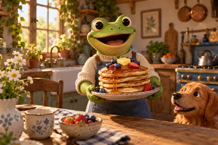 Ein freundlicher Stop-Motion-Frosch aus Knetmasse, der Pfannkuchen in einer gemütlichen, illustrierten Küche hält.