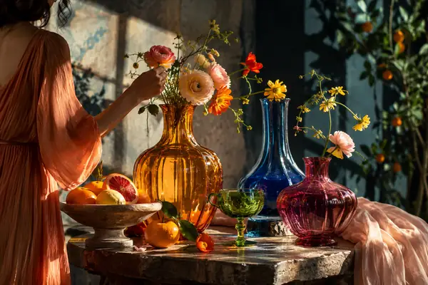 Ein farbenfrohes Stillleben aus Glasgefäßen und Blumen im dramatischen Studiolicht.
