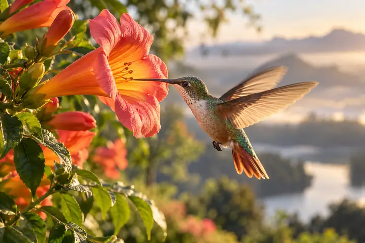 Ein Kolibri, der neben einer leuchtenden Trompetenblume im sanften Morgenlicht schwebt.
