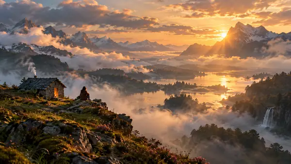 Eine verträumte Landschaft mit einer kleinen Struktur, Nebel und malerisch-filmischer Atmosphäre.