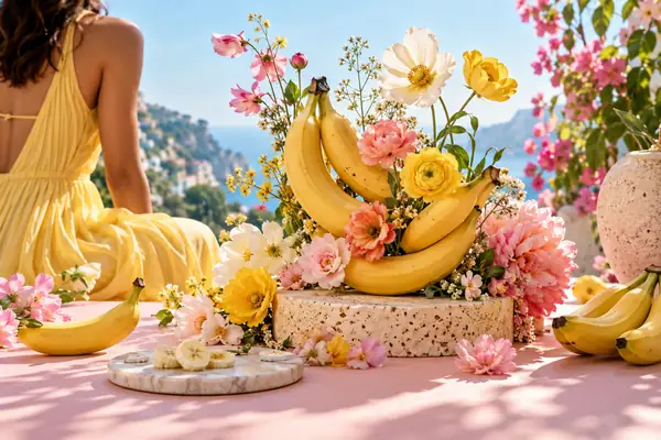 Eine verspielte Anordnung aus Banane und Blumen auf einer hellen pastellfarbenen Oberfläche.