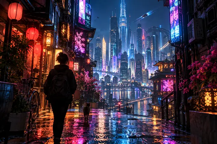 Eine Neon-Gasse in der Stadt mit farbenfrohen Schildern und einer futuristischen Skyline bei Nacht.
