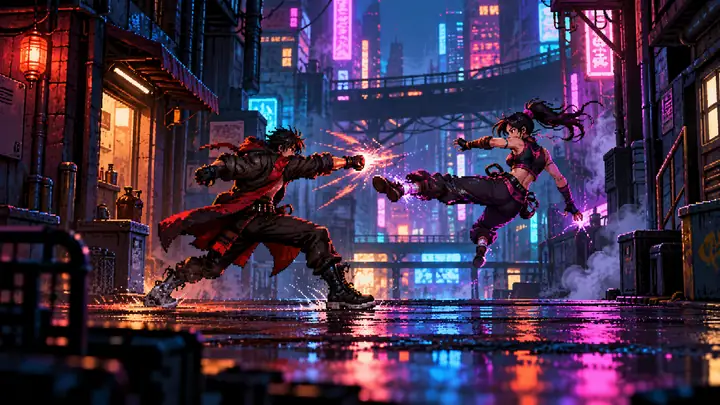 Eine seitlich scrollende Pixel-Art-Kampfszene mit zwei Figuren, die in einer Neon-Gasse kämpfen.