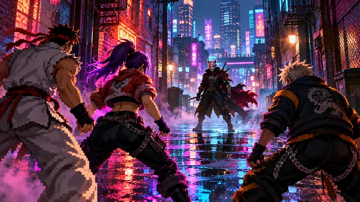 Pixel-Art-Helden, die in einer Neonstadtgasse einem maskierten Rivalen mit der Energie eines Arcade-Kampfes gegenüberstehen.