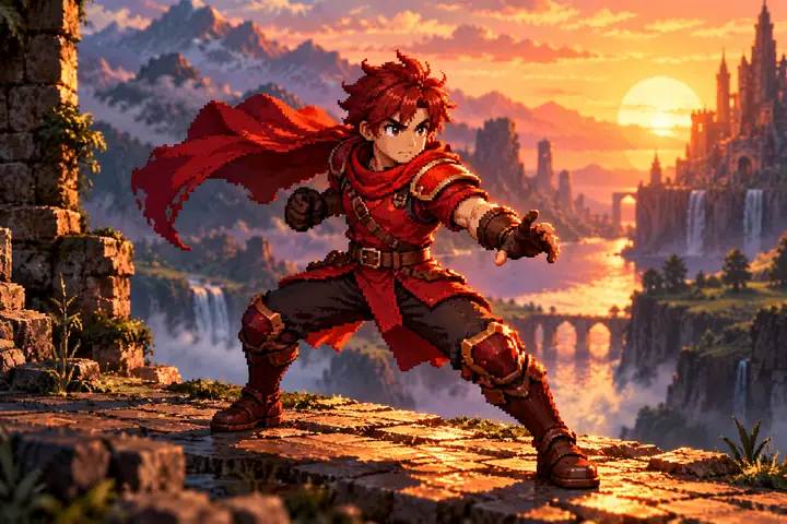 Ein roter Pixel-Art-Held, der in Kampfstellung steht.