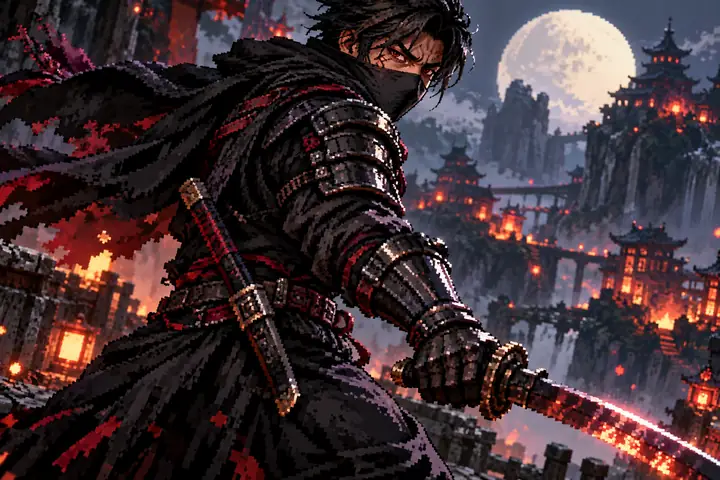Eine maskierte, schwarz gepanzerte Pixel-Art-Rivalenfigur, bereit für den Kampf.