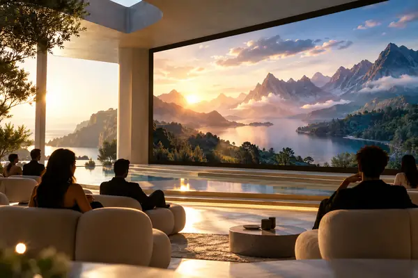 Ein heller moderner Präsentationsraum mit klaren architektonischen Formen.