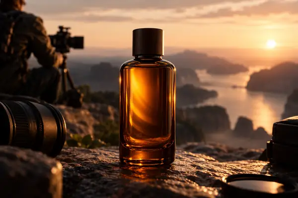 Eine edle bernsteinfarbene Flasche, fotografiert als hochwertiges Produktobjekt.