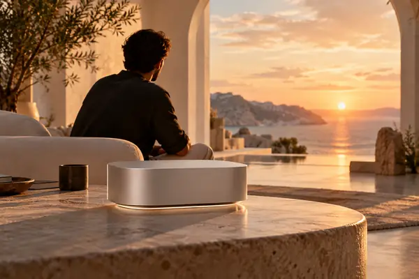 Ein helles Produkt vor einem sanften architektonischen Hintergrund im warmen Licht.