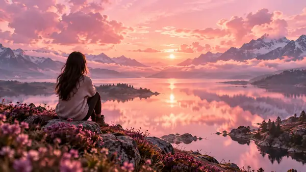 Eine rosafarbene Landschaft mit einem reflektierenden See und verträumten Wolken.