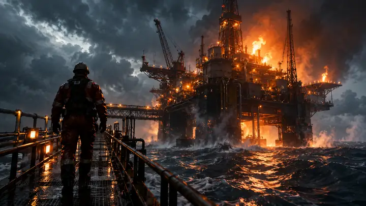 Eine stürmische Industrieplattform über dunklem Wasser mit orangefarbenem Feuer und einer durchgehenden filmischen Atmosphäre.