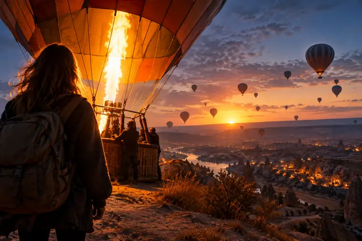 Zwei visuelle Momente verbinden sich zu einer durchgehenden filmischen Aufnahme neben einem leuchtenden Heißluftballon.