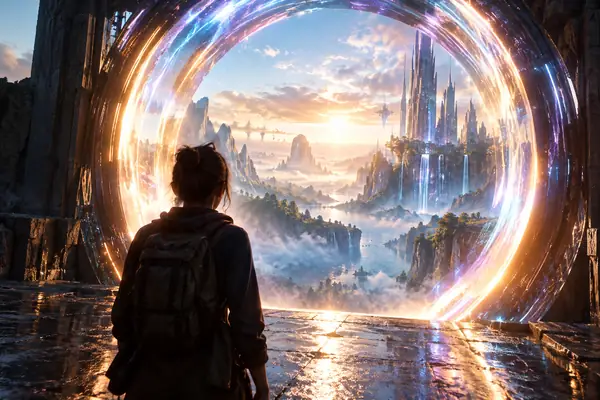Eine filmische Figur blickt durch ein leuchtendes futuristisches Portal.